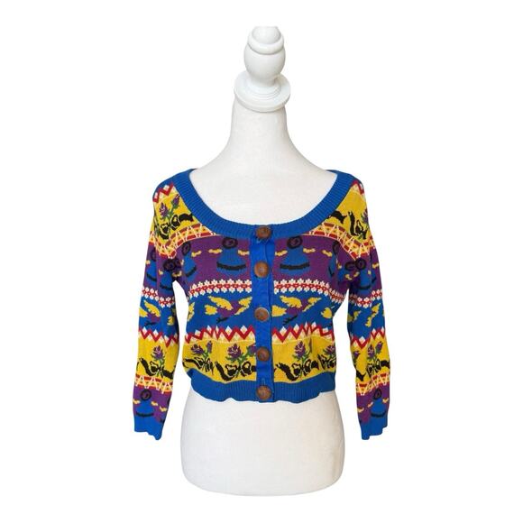 Vintage Betsey Johnson Punk Label Crop Cardigan Alley Cat Fair Aisle Print L Mod - Picture 8 of 16